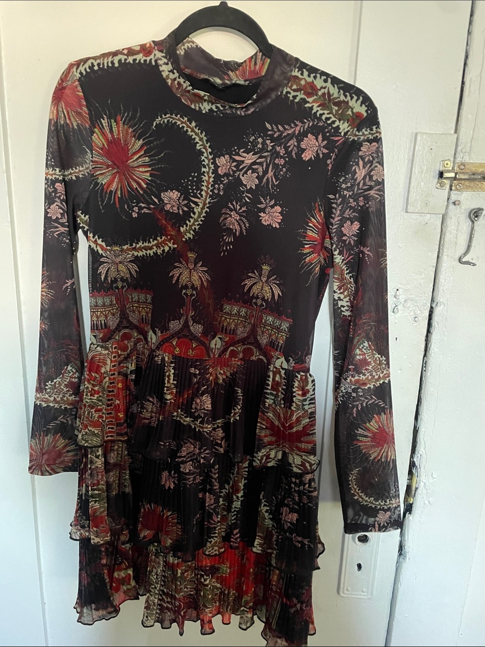 Desigual Black Floral Long Sleeve Tiered Mini Dress with Red Accents